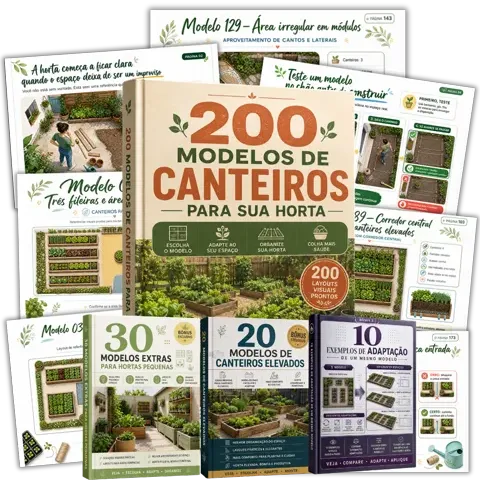 Capa do material 200 Modelos de Canteiros para Sua Horta, com páginas de exemplo ao redor